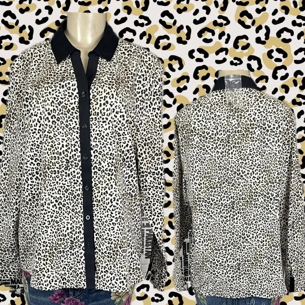 Chico's 3 Animal Print Black Accent Button Down Collar Cotton Long Sleeve Shirt